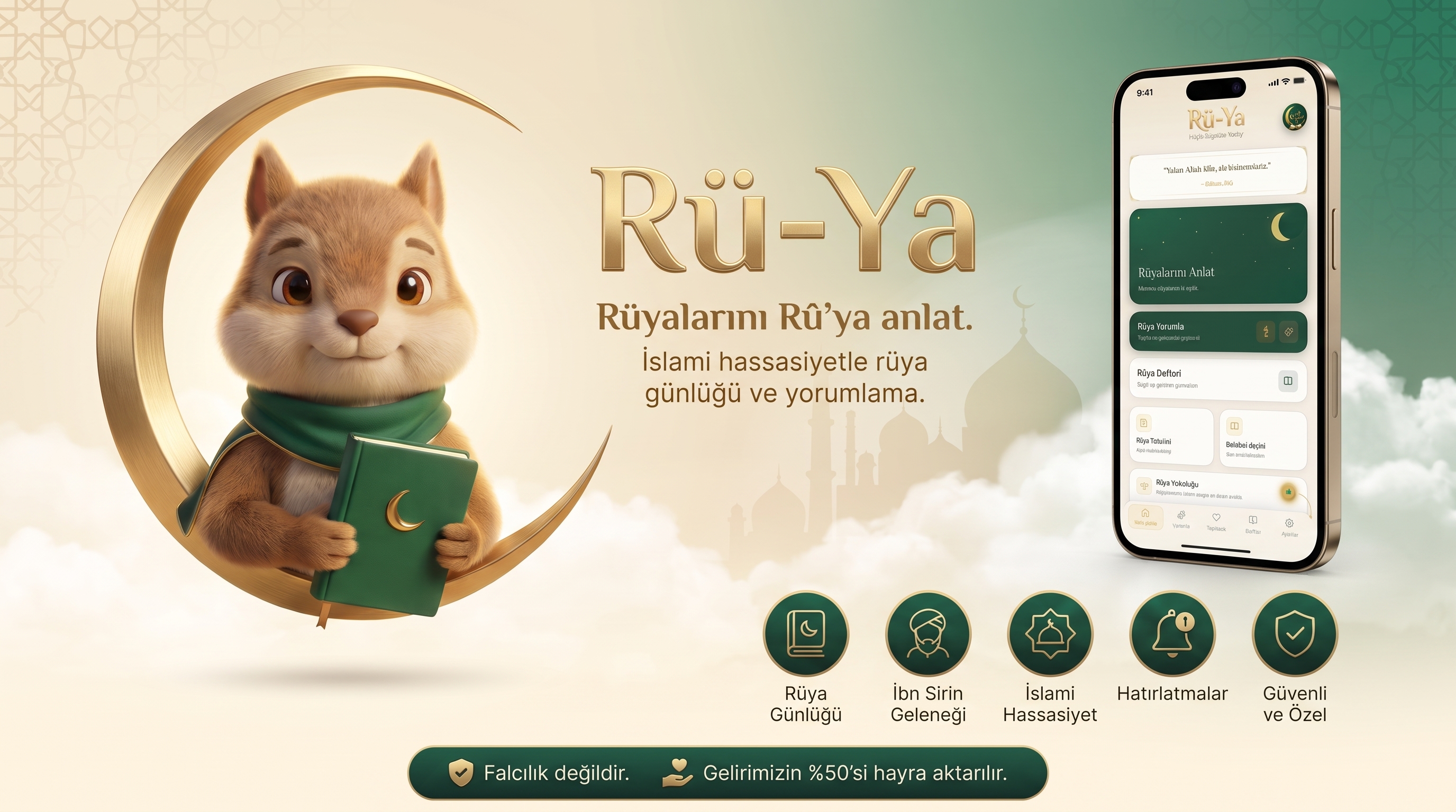 Rü-Ya uygulamasının özelliklerini ve arayüzünü gösteren tanıtım görseli